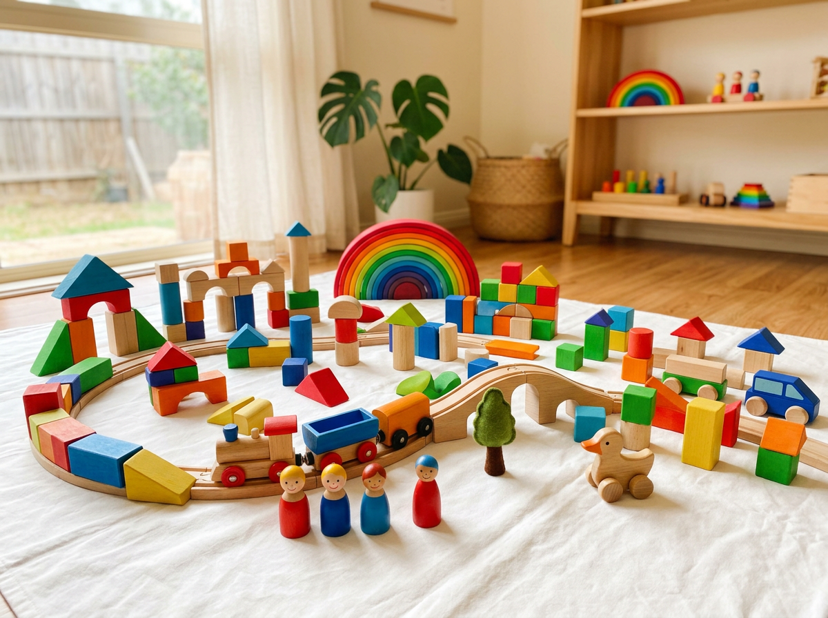 Classic wooden building blocks and open-ended play toys arranged on a clean play mat