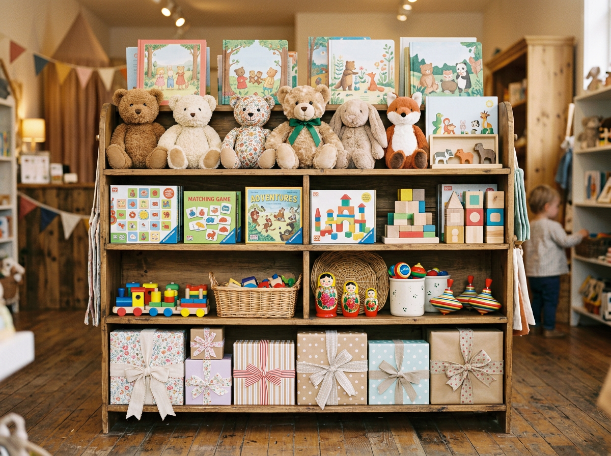 A cheerful retail display of plush toys, board games, and wrapped gift boxes with ribbons