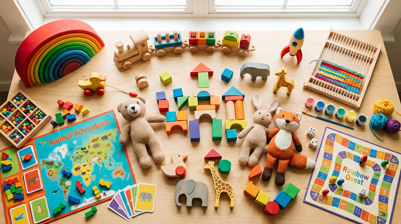A bright flatlay of wooden toys, building blocks, plush animals, and board games arranged for a curated toy shop