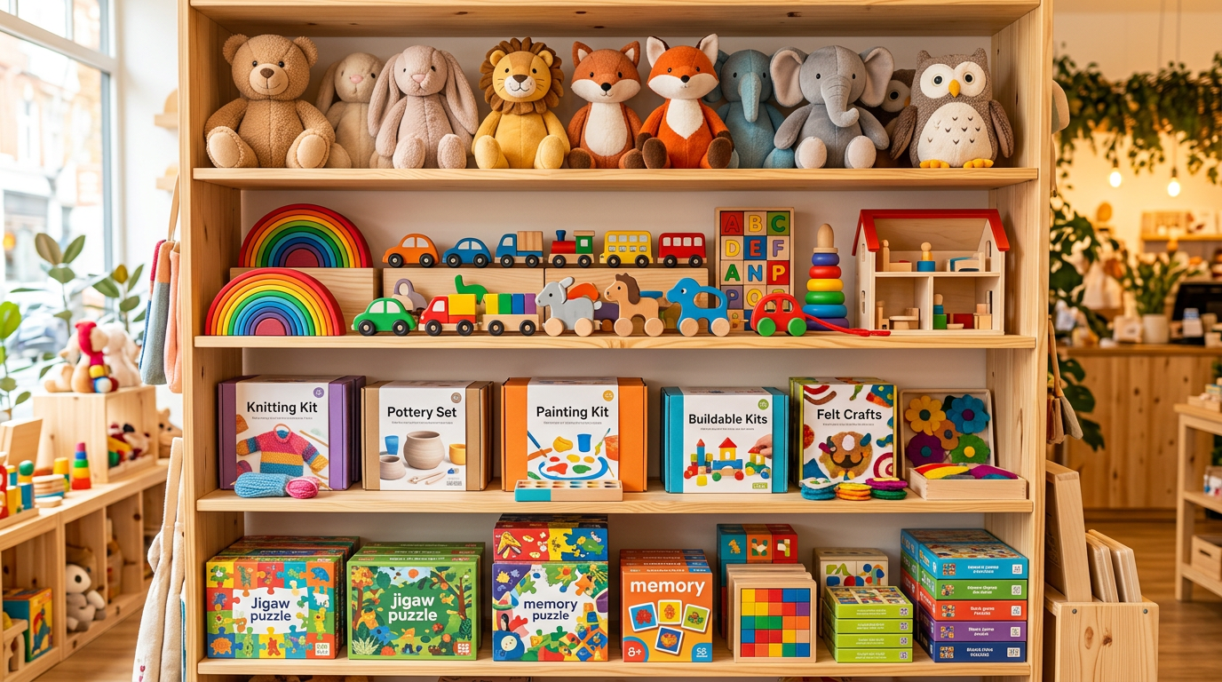 Curated retail display of wooden toys, board games, craft kits, and plush toys on store shelves